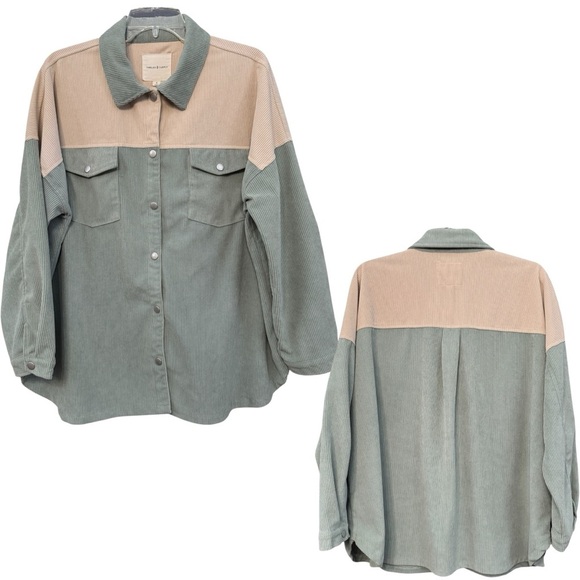 Thread & Supply Corduroy Shacket Jacket Sage Green Tan Colorblock Oversized S - Picture 1 of 7